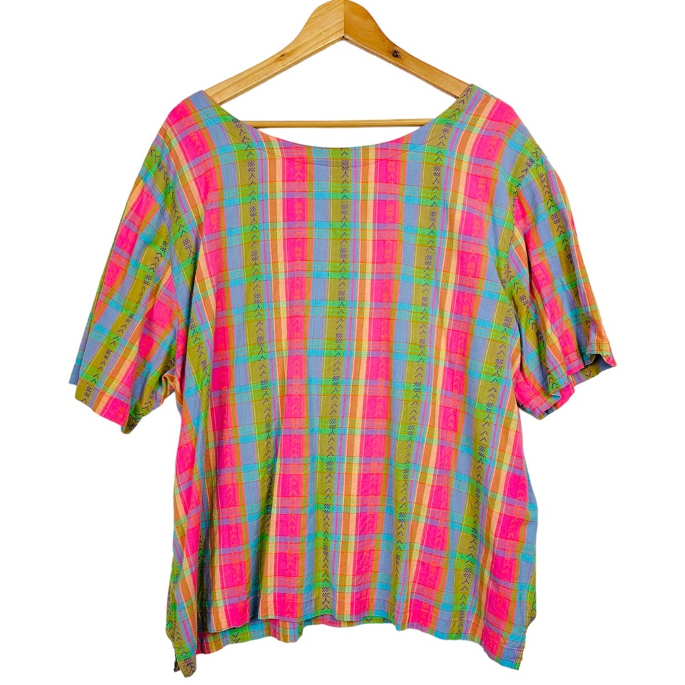 Vintage 80’s Cottagecore  Rainbow Plaid Short Sleeve Oversized Pullover Blouse - Picture 4 of 12